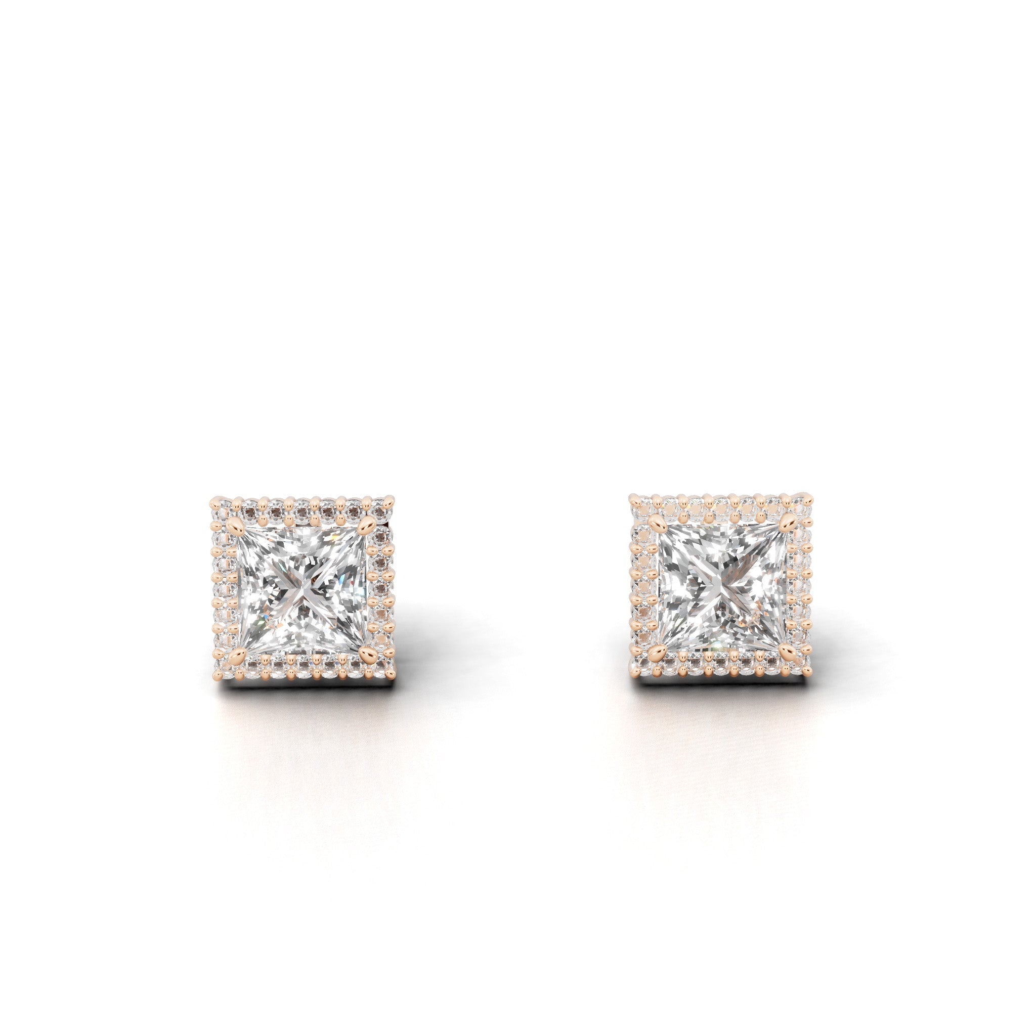 プリンセスカット ヘイロー ダイヤモンド ピアス