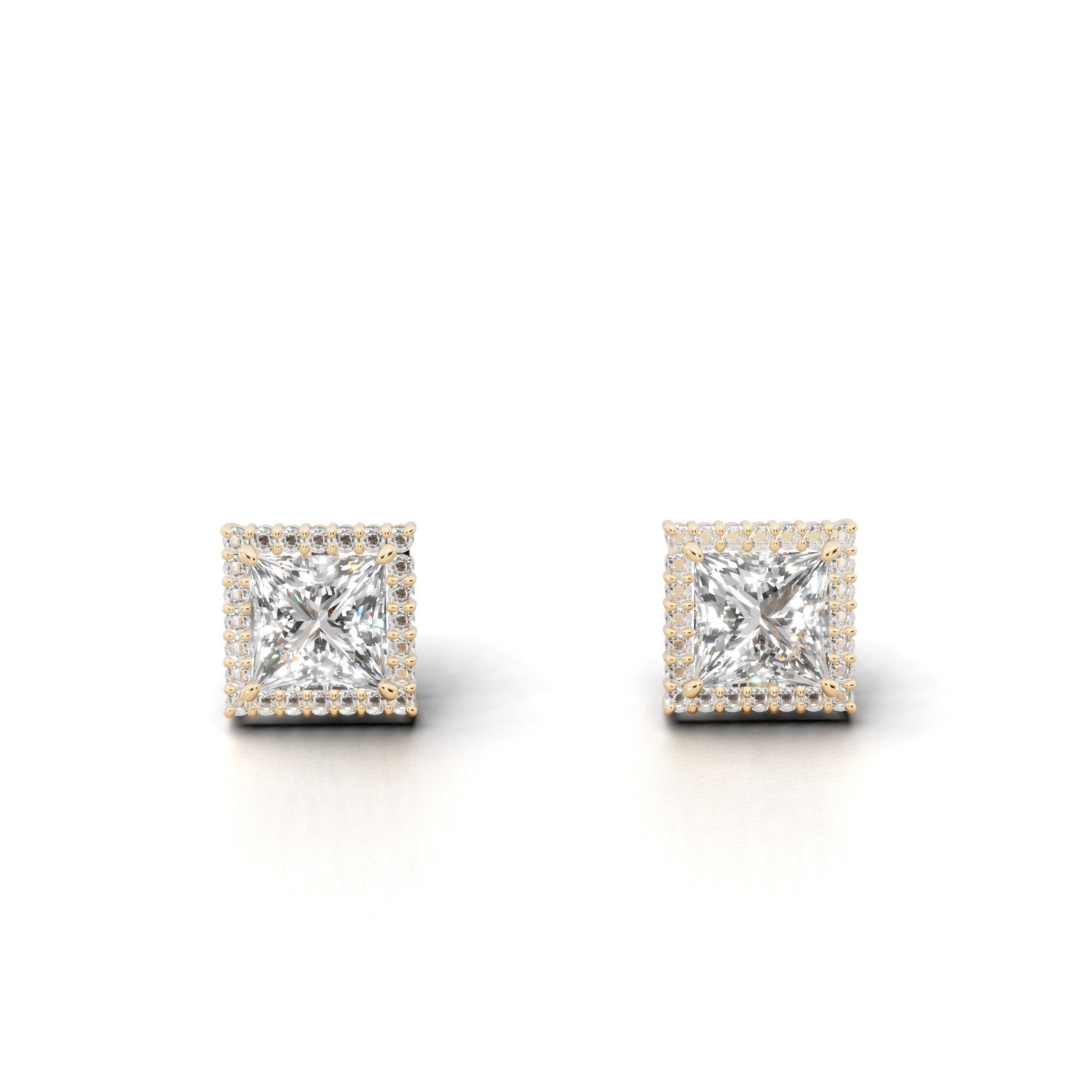 プリンセスカット ヘイロー ダイヤモンド ピアス